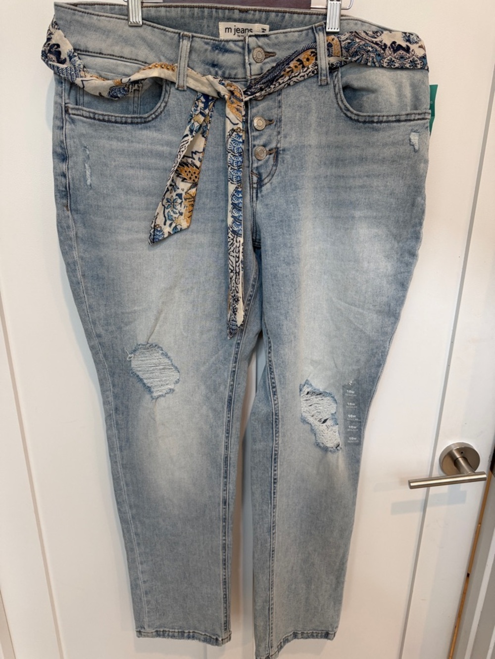 Maurices Light Wash Distressed Boyfriend Jeans with Patterned Tie Belt